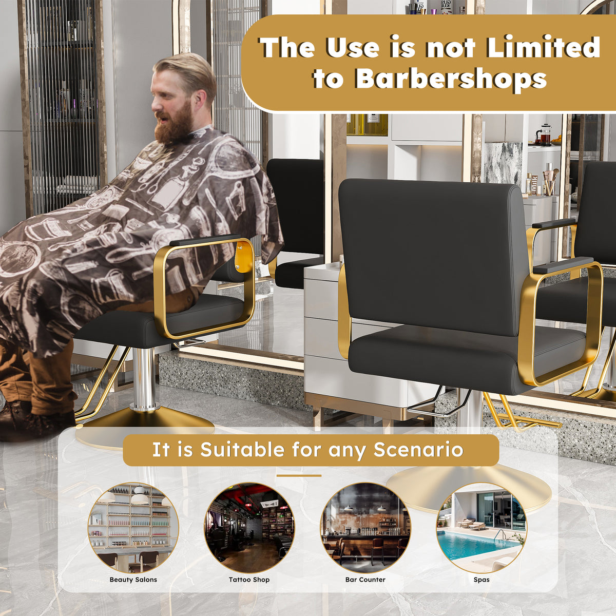 Hydraulic Salon Chair, 360° Swivel, Non-Tilting, Black and Gold