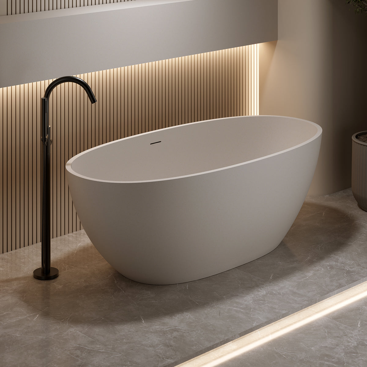 63-Inch Freestanding Soaking Bathtub, Solid Surface Stone Resin, Beige