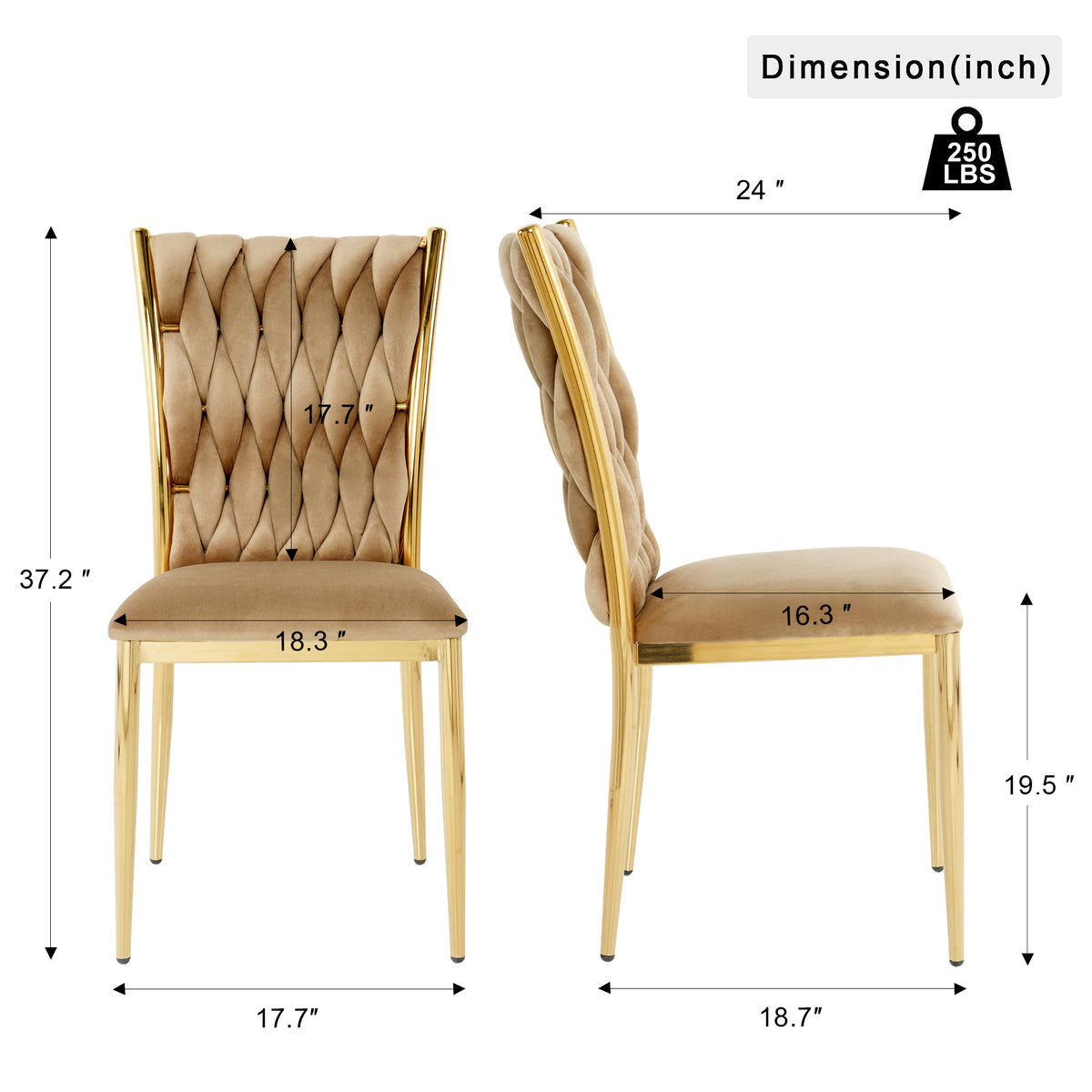 Modern Simple Velvet Dining Chair, Brown, Gold Metal Legs, Set of 2