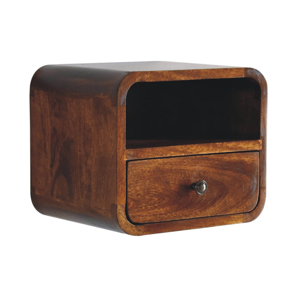 Extra Mini Wall-Mounted Curved Chestnut Nightstand, Open Slot, 1-Drawer