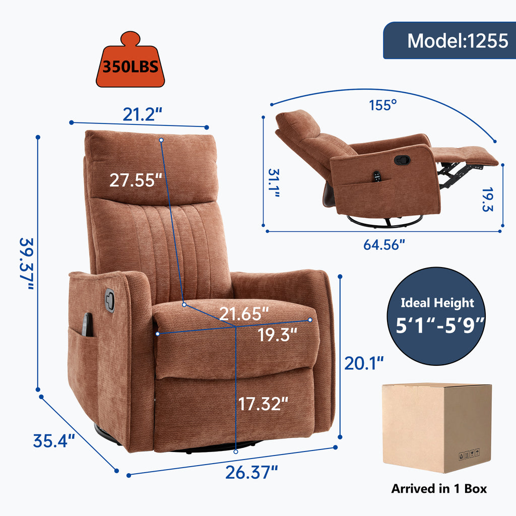 Orange Heat Massage Manual Recliner Chair with Rocker and Swivel in Fabric for Living Room