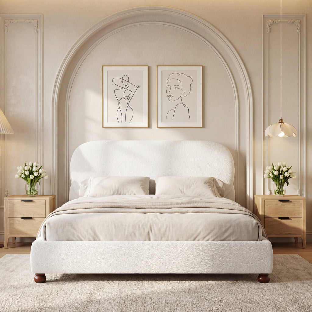 Cream-Colored Boucle Upholstered Bed with Rubber Wood Foot - King