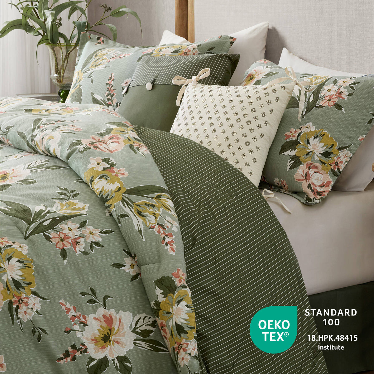 7-Piece Queen Vin Floral Comforter Set, Green, Reversible
