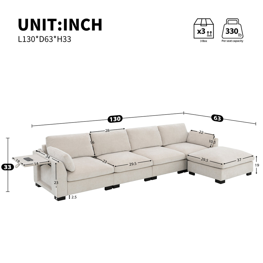 130" Modular Sectional Sofa with Folding Table and Charging Ports