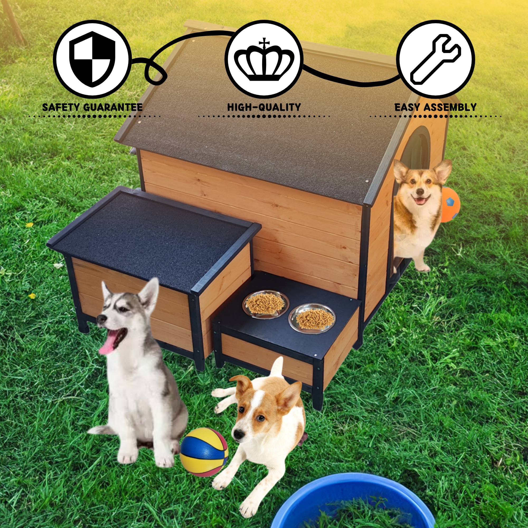 Wearable and Strong Wooden Dog House with Metal Bowls and Toy Box