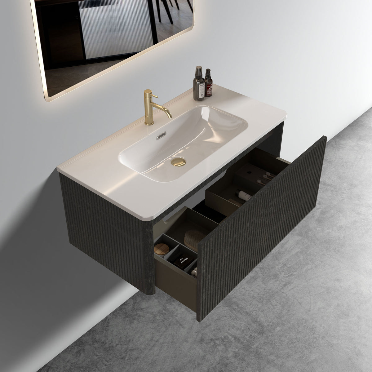 Etna 36-Inch Striped Floating Bathroom Vanity with Ceramic Sink, Black