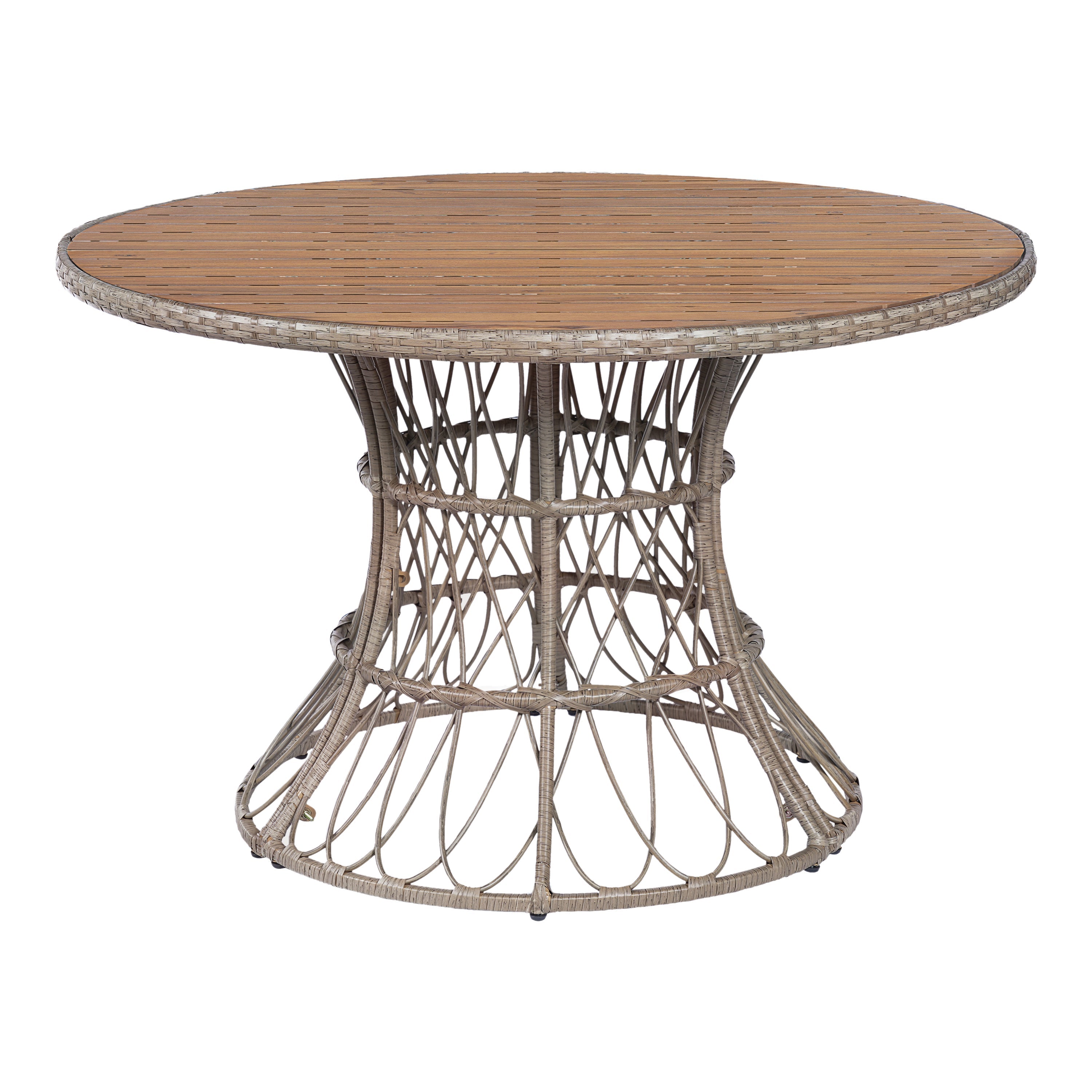 5-Piece Outdoor Dining Set: Brown Round Acacia Wood Table & 4 Brown Wicker Armchairs