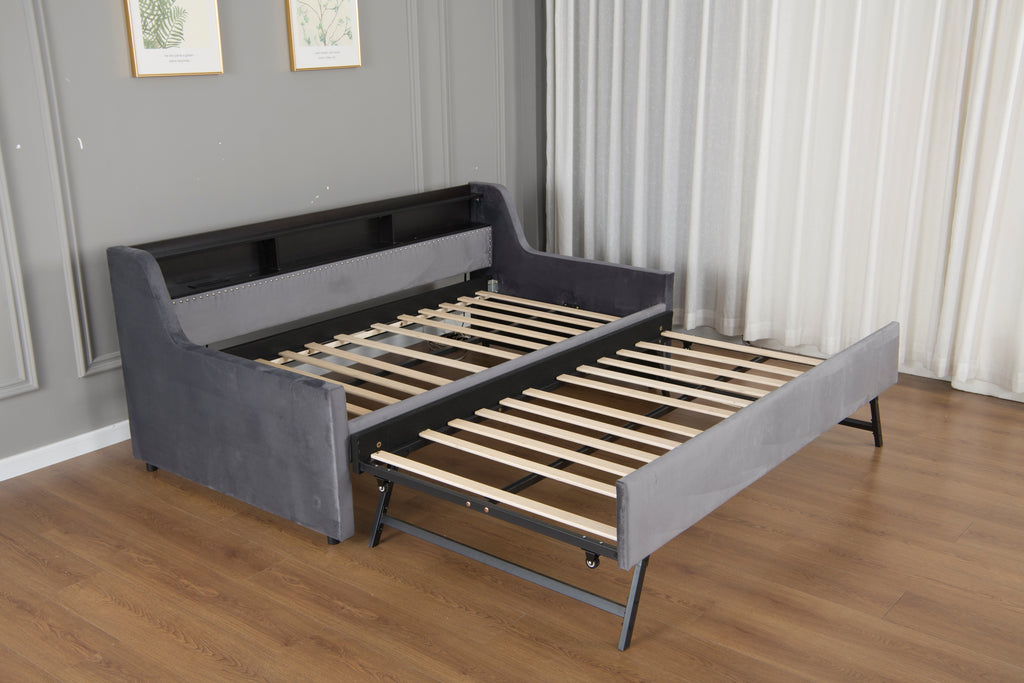 Twin Size Daybed with Trundle, Upholstery Daybed with LED Light & Charging Station