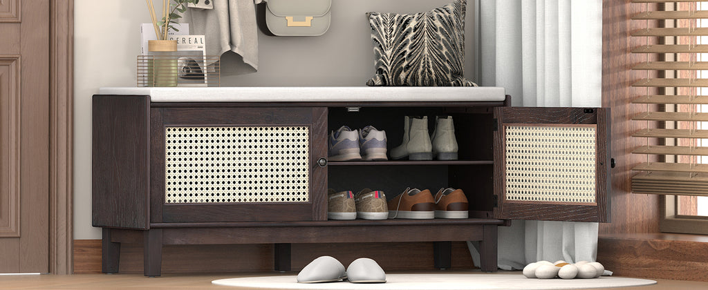 TREXM Boho Rattan Entryway Bench with Storage