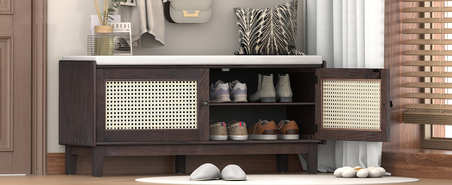 TREXM Boho Rattan Entryway Bench with Storage