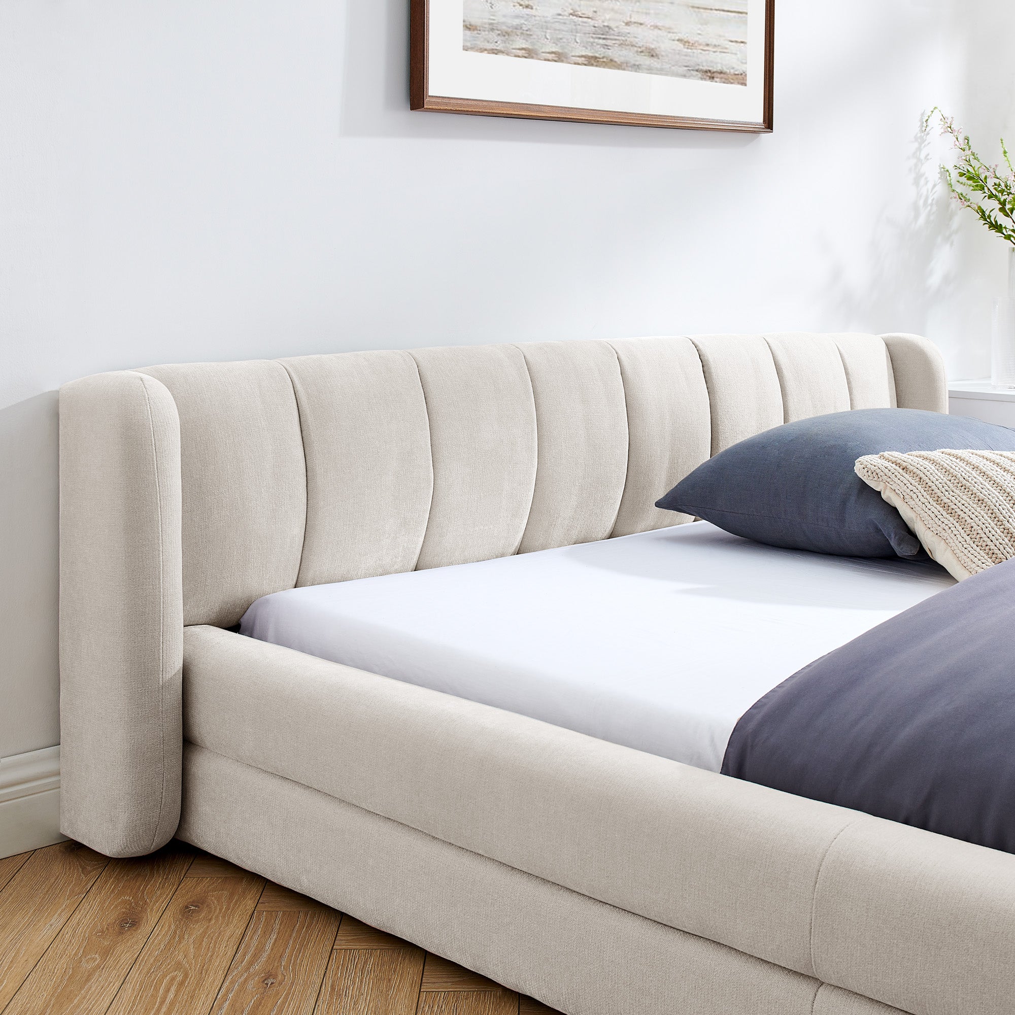 Queen Size Upholstered Bed Frame with Thick Fabric - Beige
