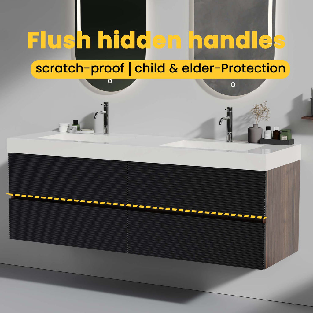 Grace 60-Inch Wall-Mounted Bathroom Vanity, Walnut and Black, Double Sink