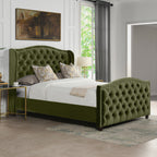 Marcella Upholstered Shelter Headboard Bed Set, Queen, Olive