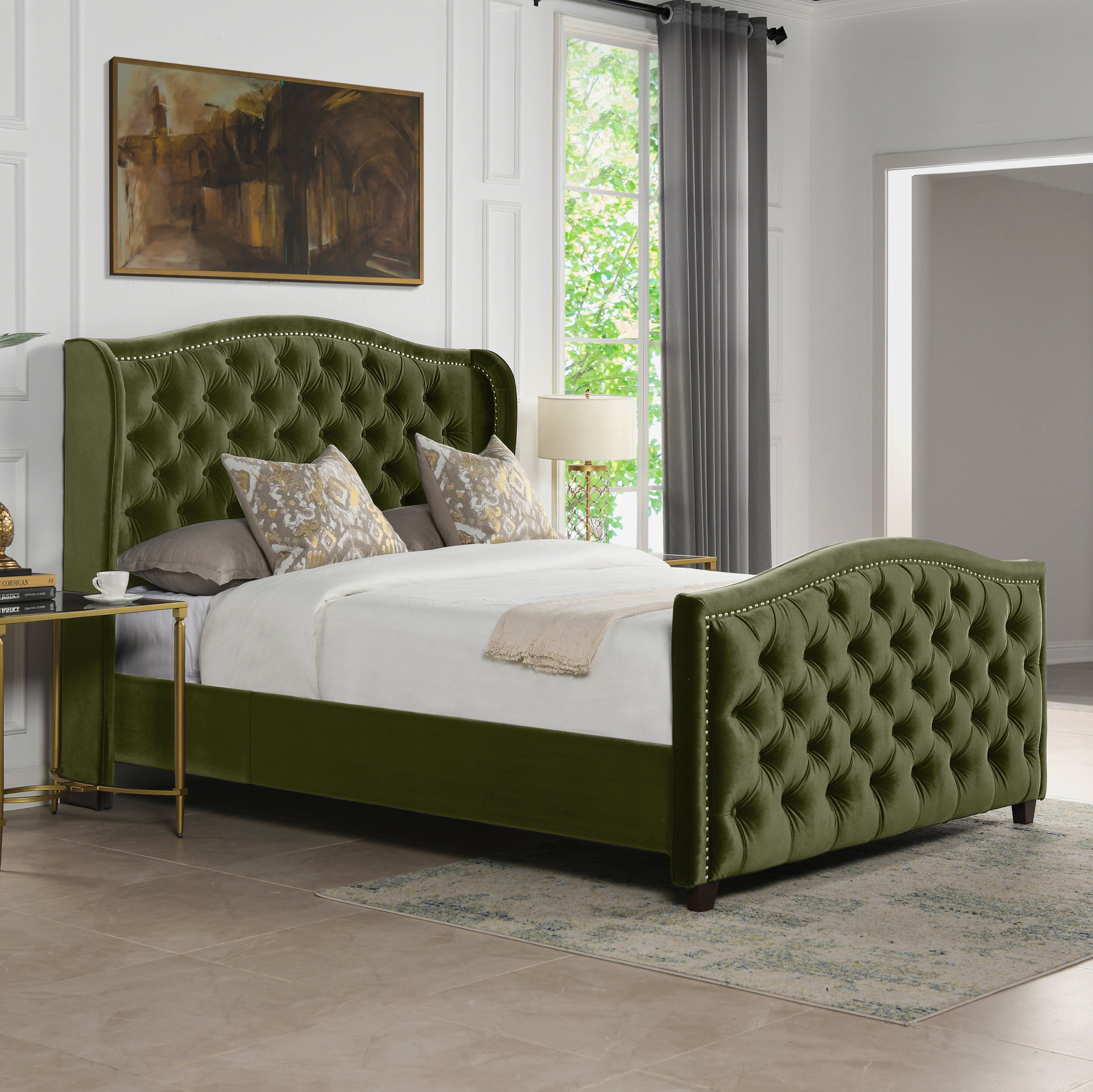 Marcella Upholstered Shelter Headboard Bed Set, Queen, Olive