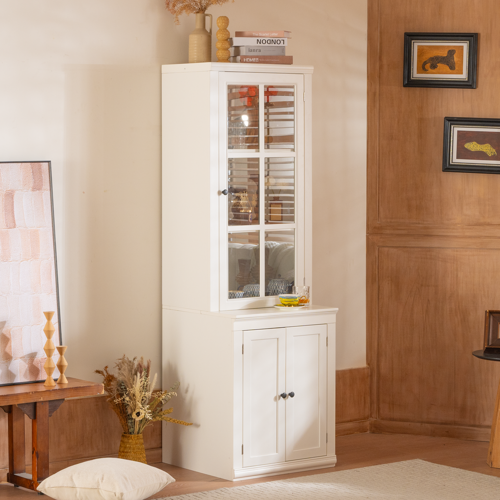 Freestanding Pantry Cabinet with Glass Door & Lattice Window