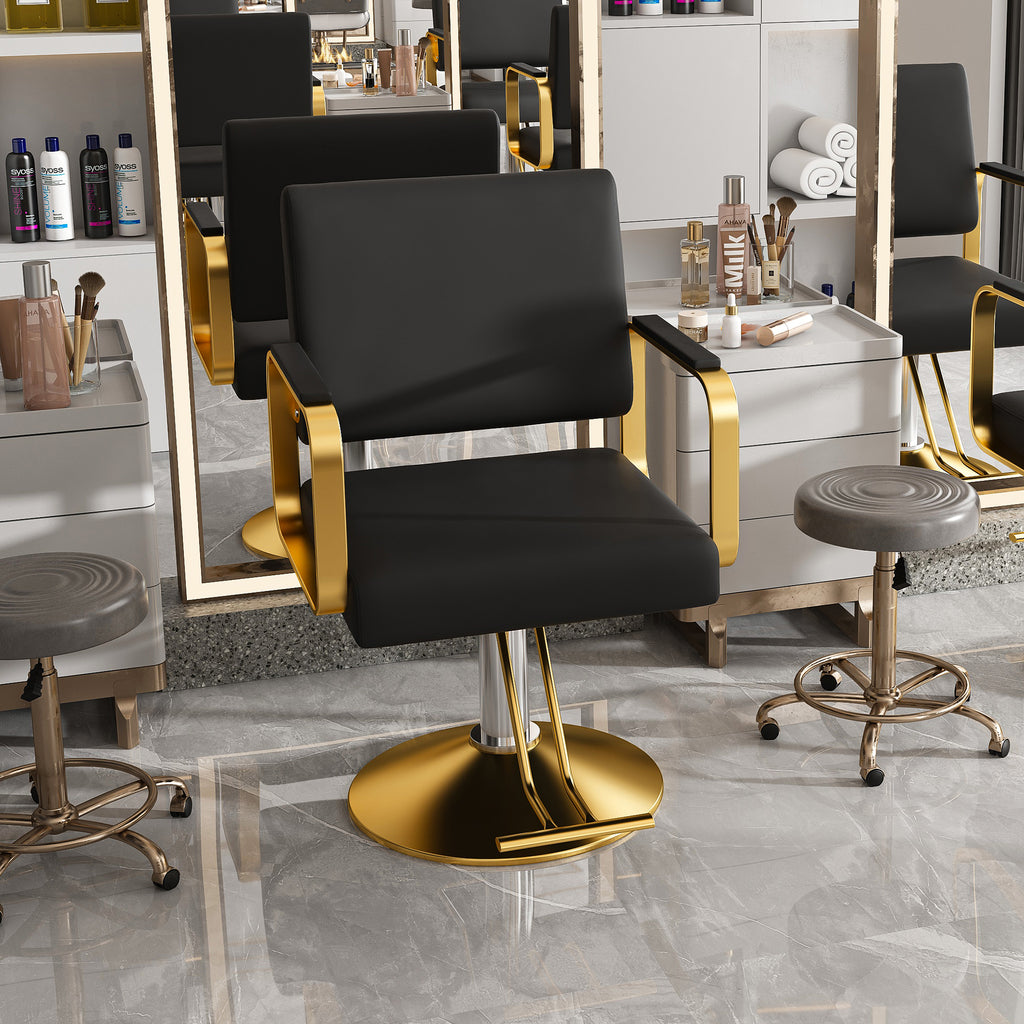 Hydraulic Salon Chair, 360° Swivel, Non-Tilting, Black and Gold