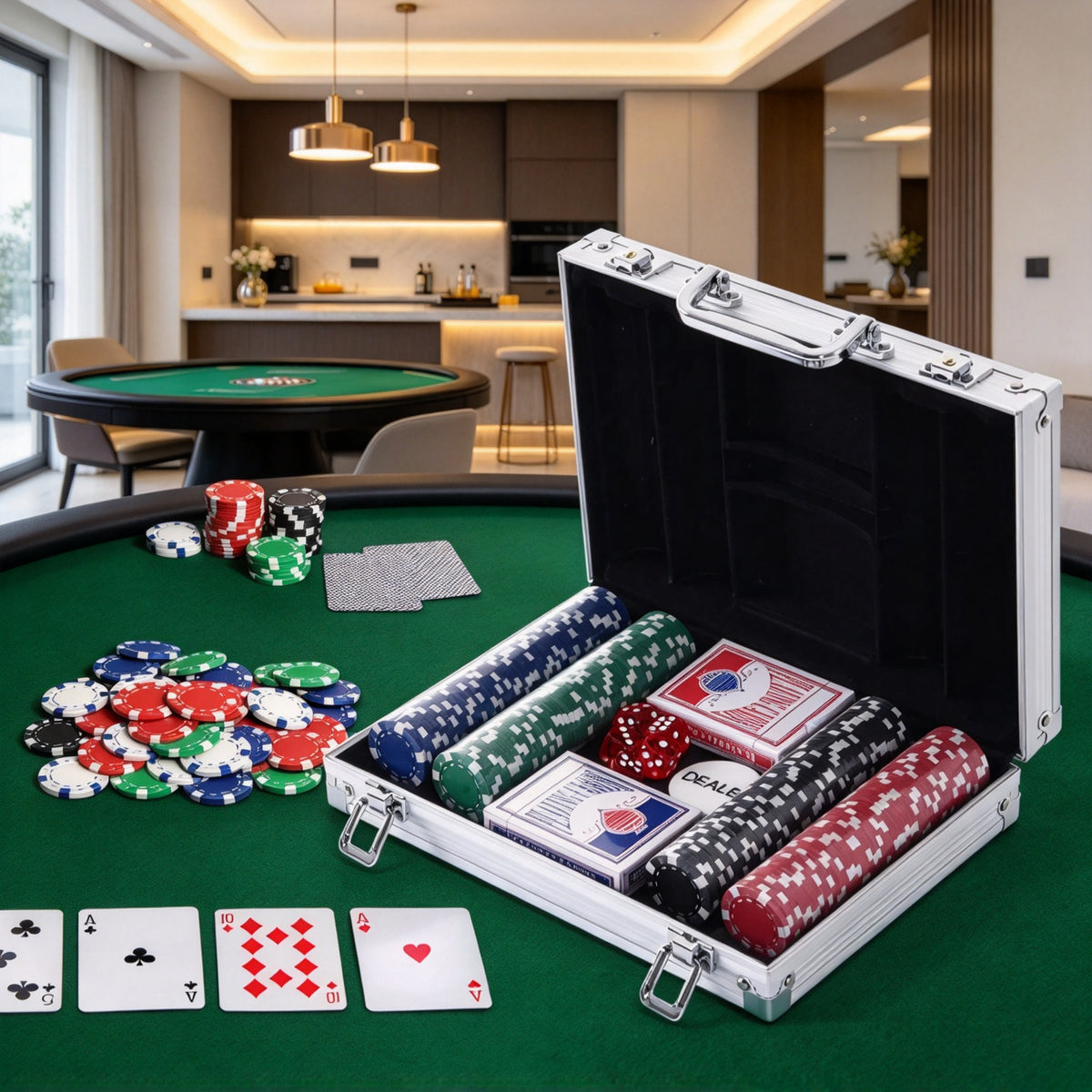 200 Striped Poker Chip Set with Aluminum Case, 2 Decks, Dice and Dealer Button