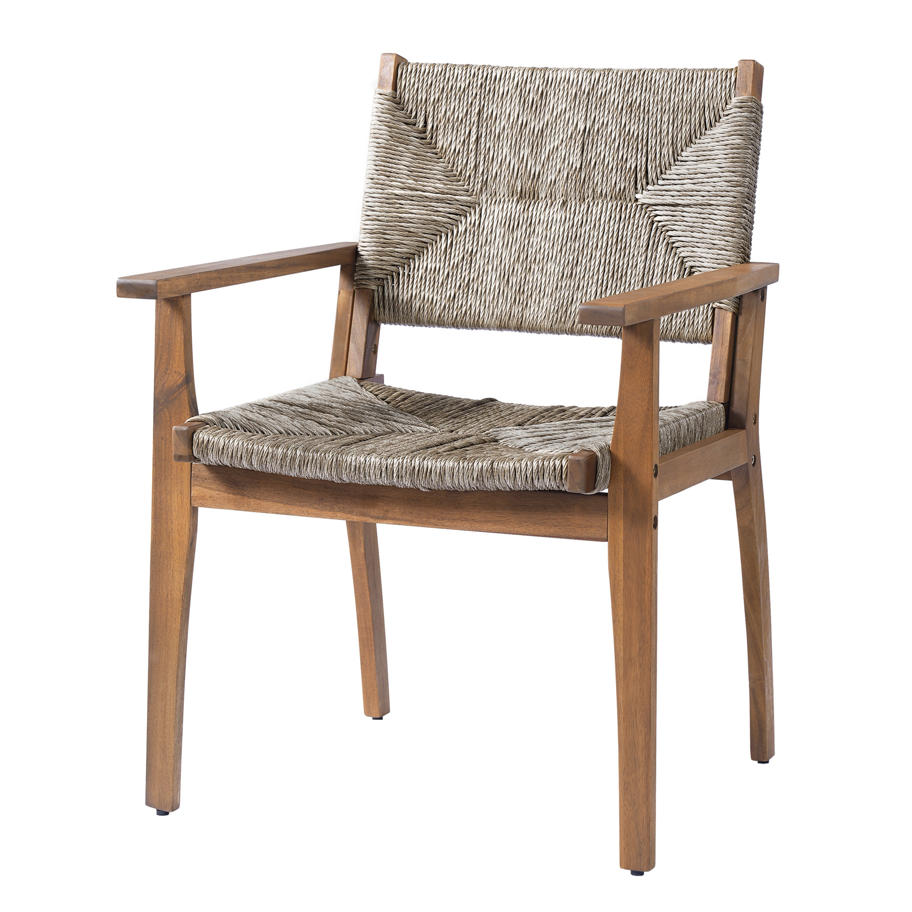 5-Piece Outdoor Dining Set: Brown Round Acacia Wood Table & 4 Brown Wicker Armchairs
