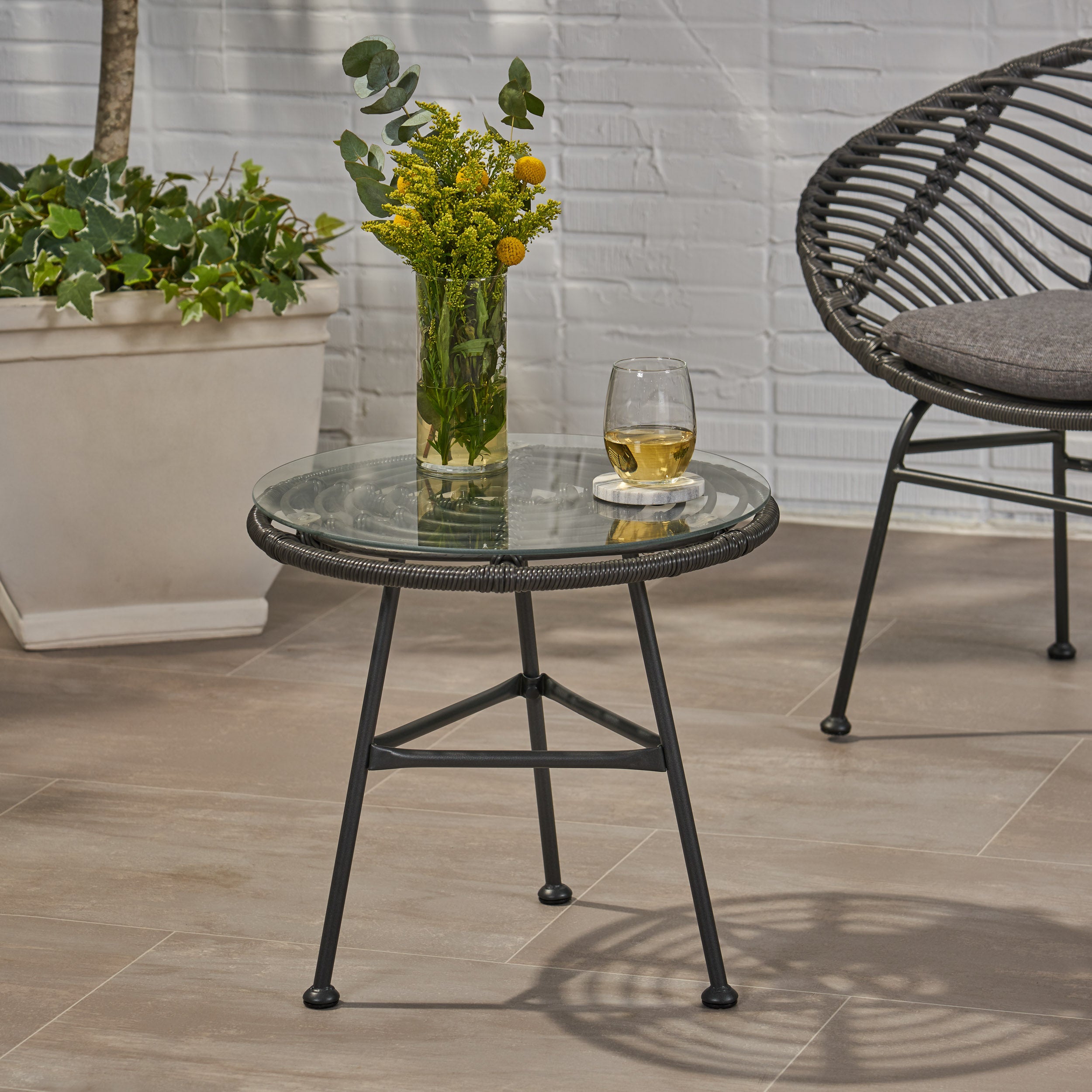 Orlando Outdoor Glass Top Faux Rattan Side Table