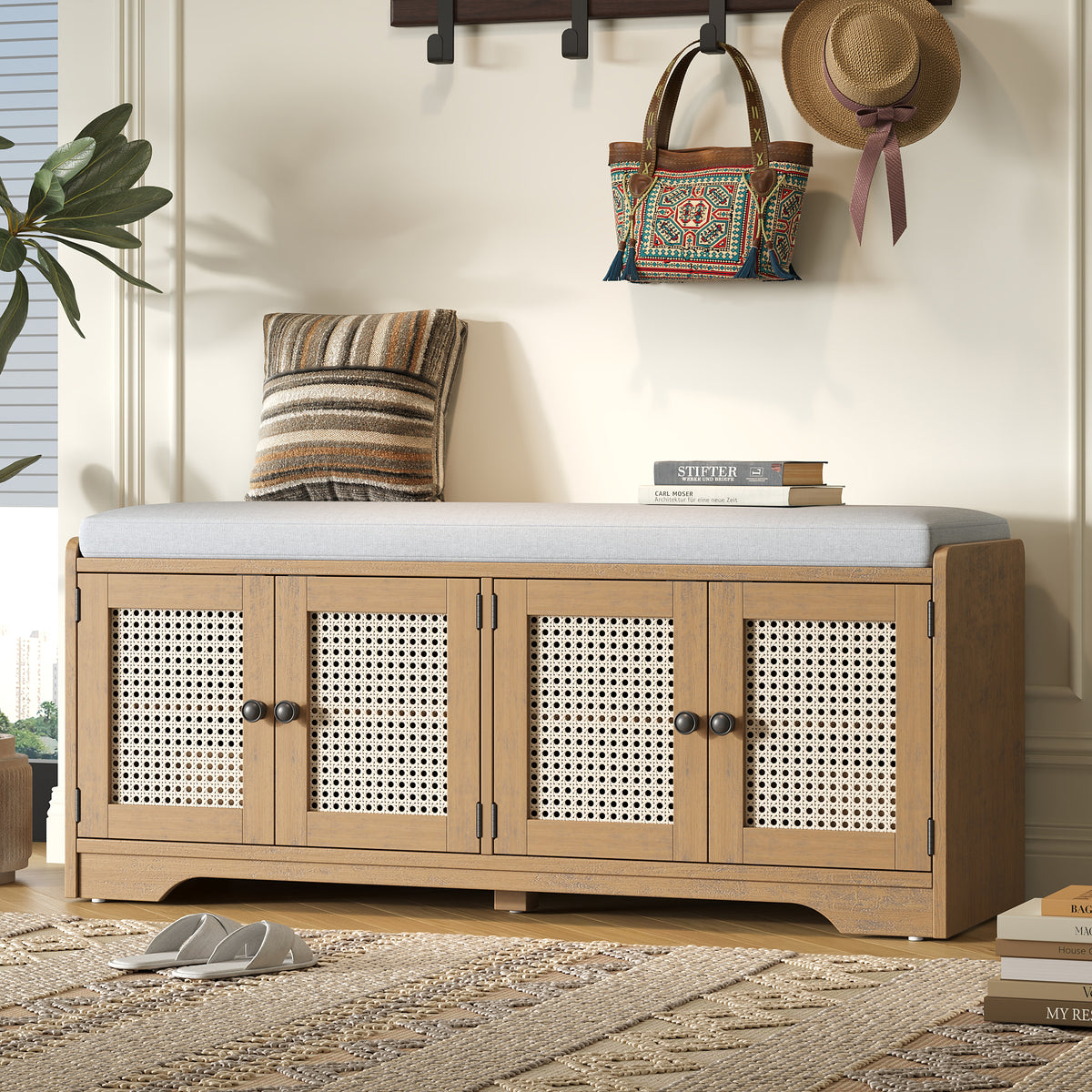 TREXM Rustic Storage Bench Multifunctional Wood Entryway Shoe Bench