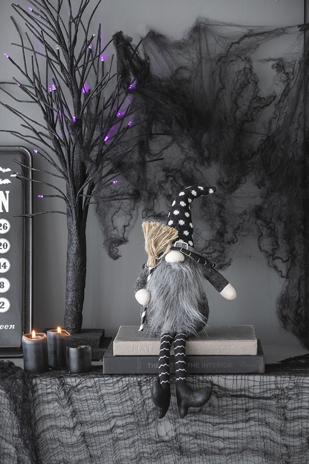 Black Halloween Gnome – 25'' Fabric Decor with Broomstick & Dangly Legs