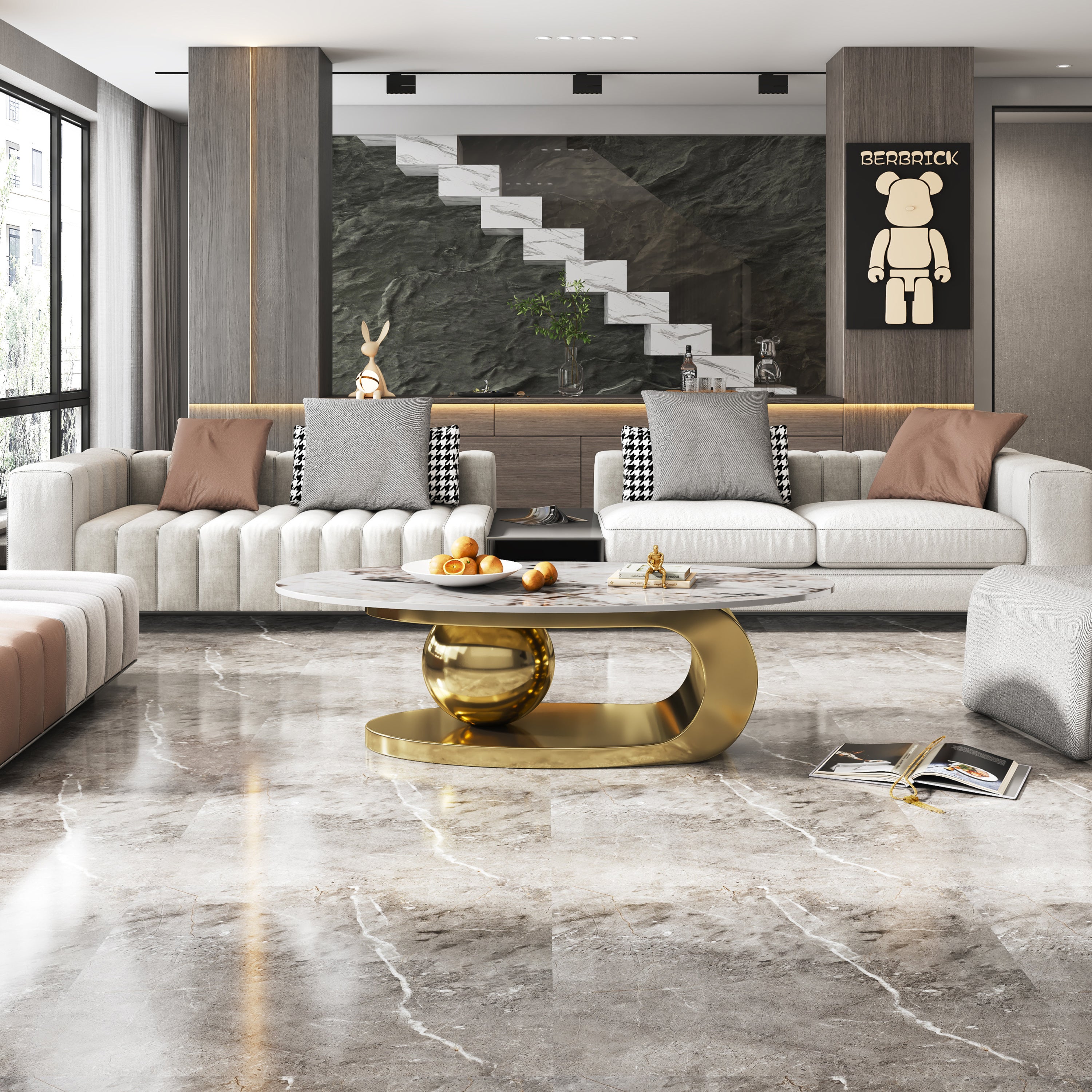 49.2 Inches Oval Faux Marble Coffee Table for Living Room with Stainless Steel Base
