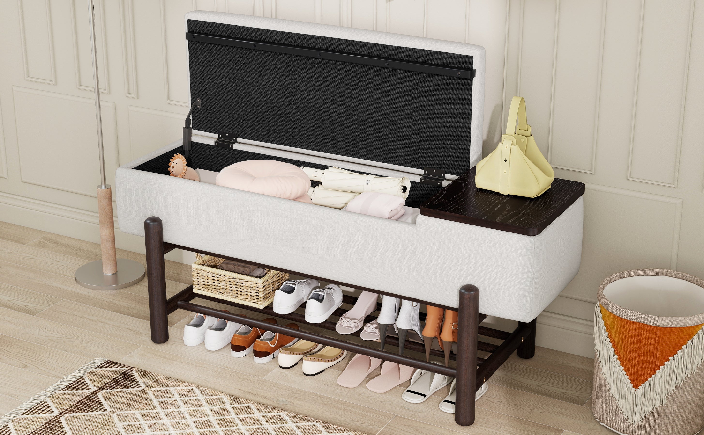 TREXM Farmhouse Upholstered Storage Bench