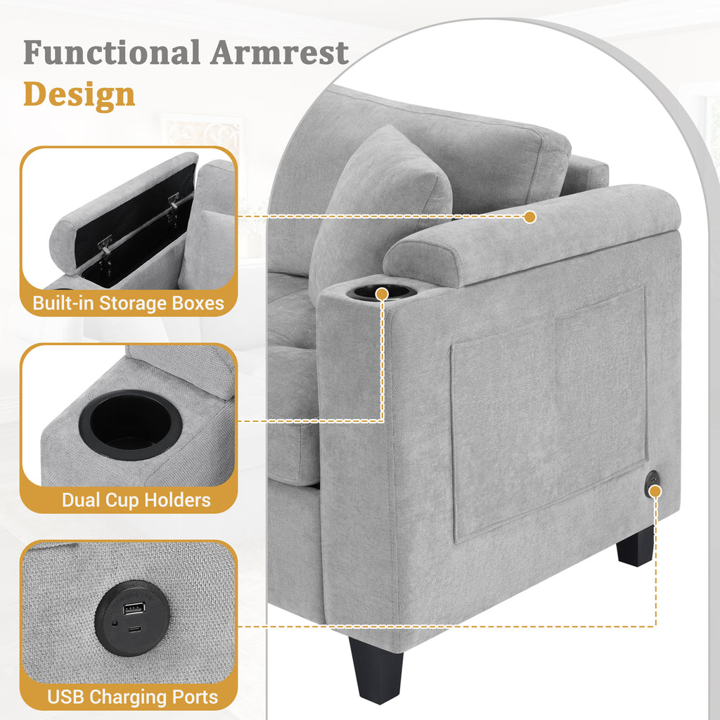 Modern U-Shaped Sectional Sofa with Cup Holders and USB Ports