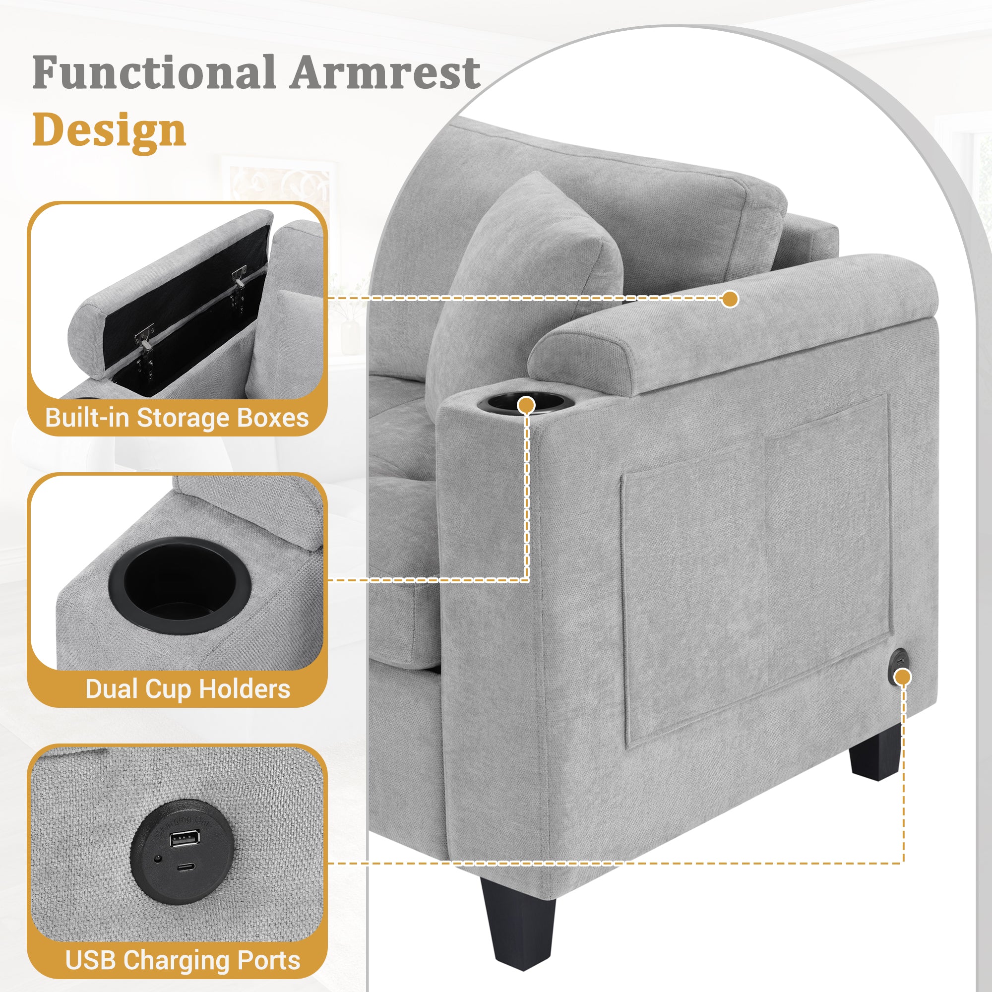 Modern U-Shaped Sectional Sofa with Cup Holders and USB Ports