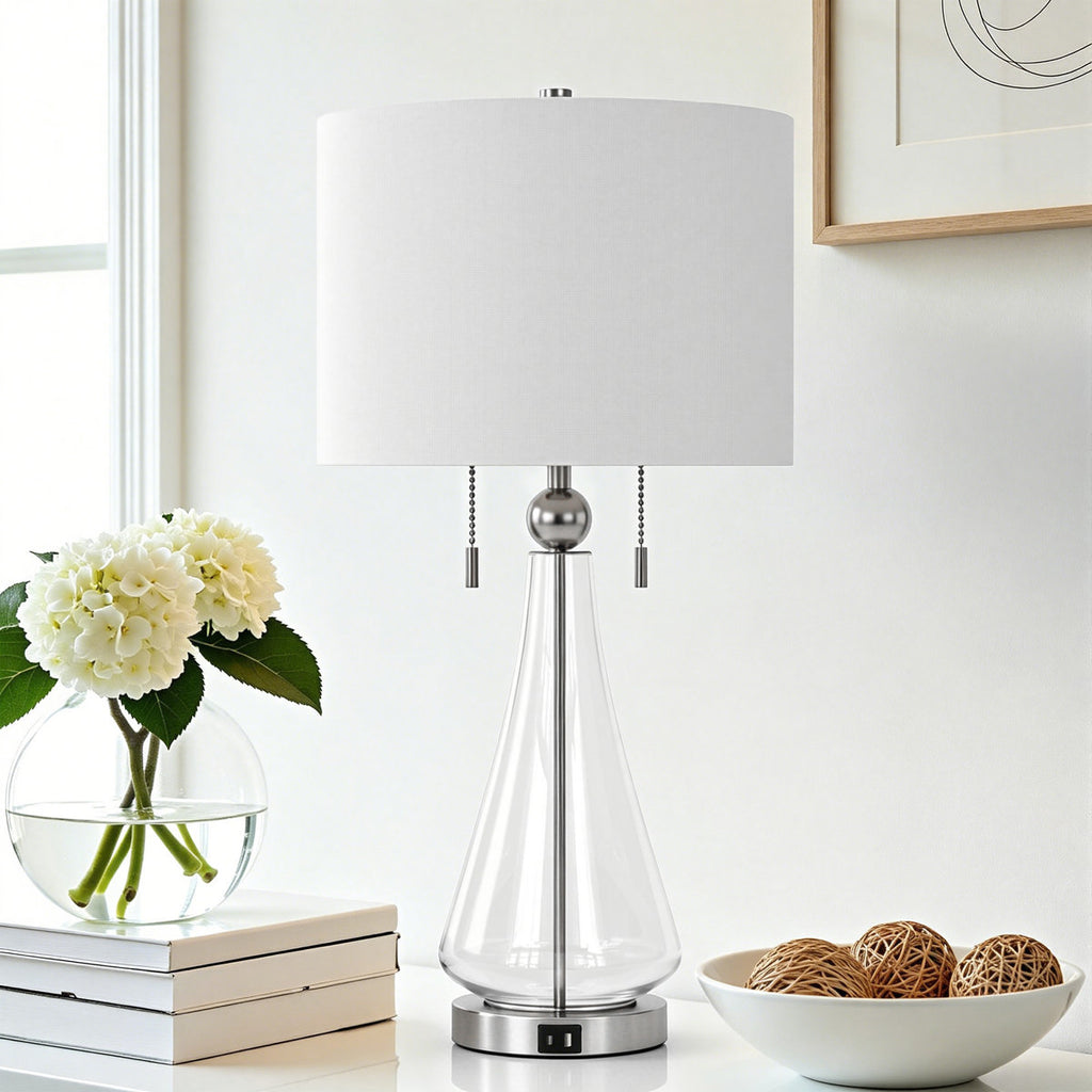 Modern Glam Glass Table Lamp, 28 Inches, USB Charging, Nickel