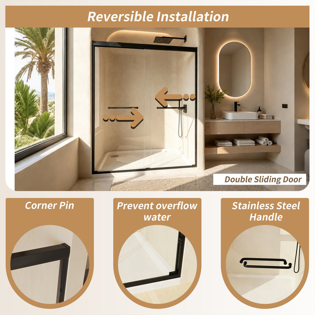 56-60" W × 72" H Tempered Glass Aluminum Frame Double Sliding Shower Door