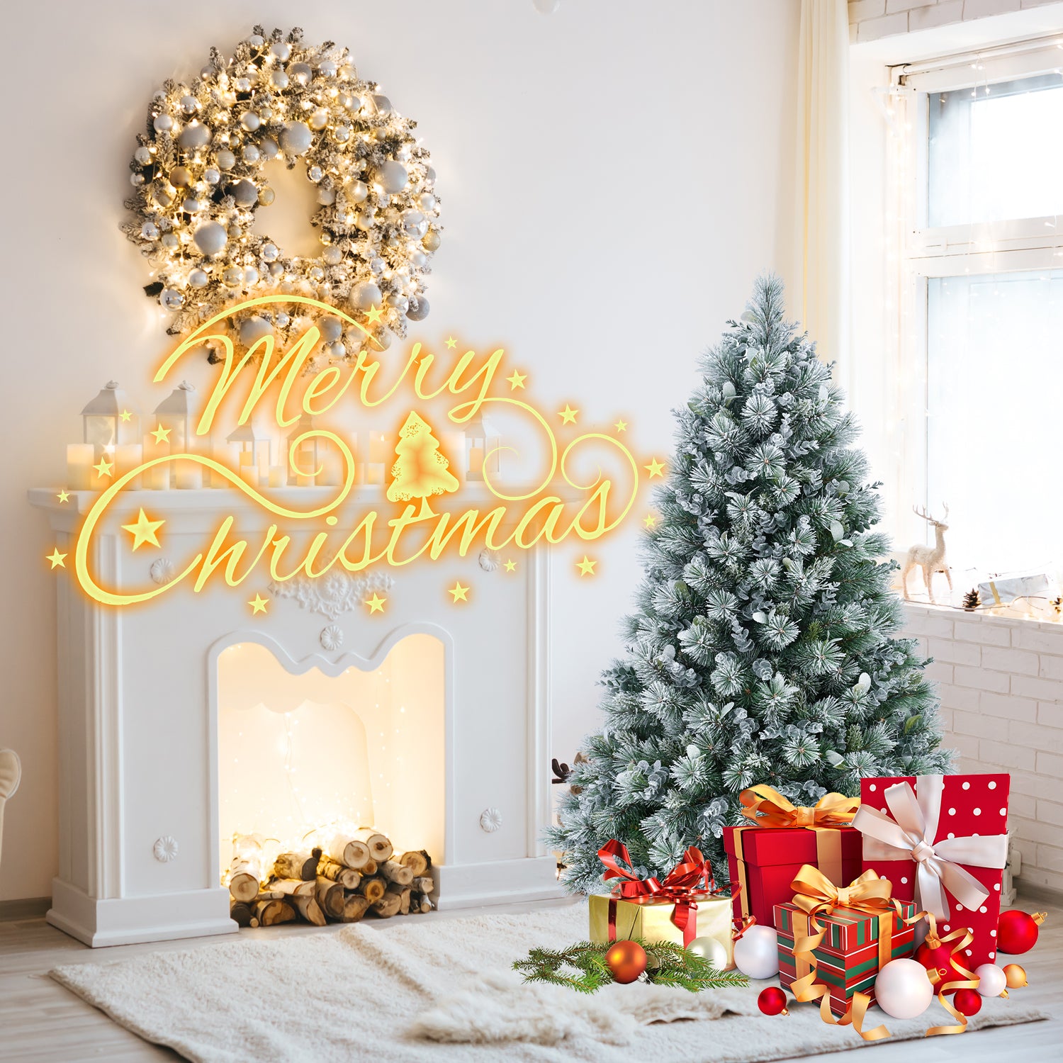 4FT Flocked Christmas Tree with Pine Needles & Eucalyptus Leaves