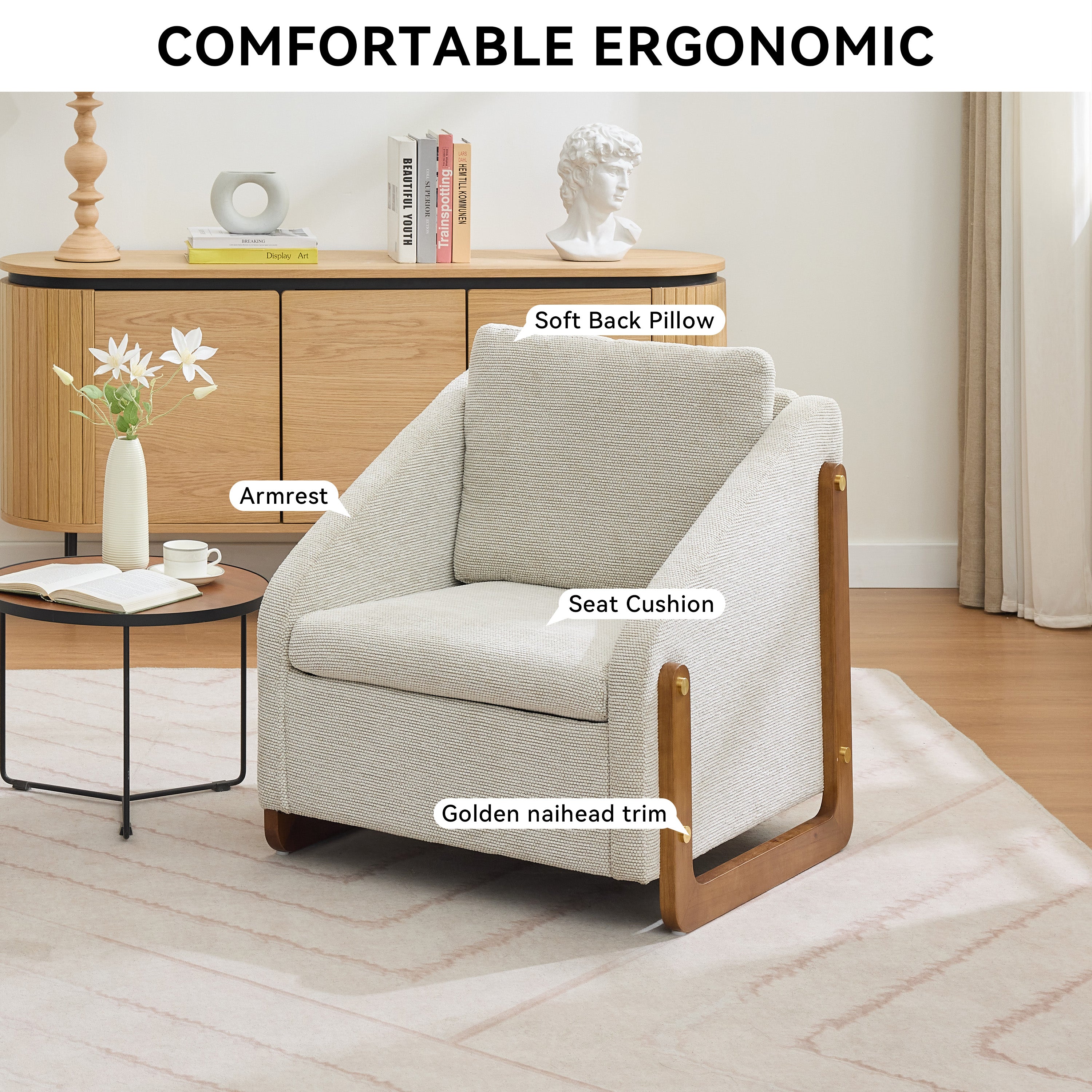 Chenille Fabric Modern Upholstered Armchair with Wooden Side Frame