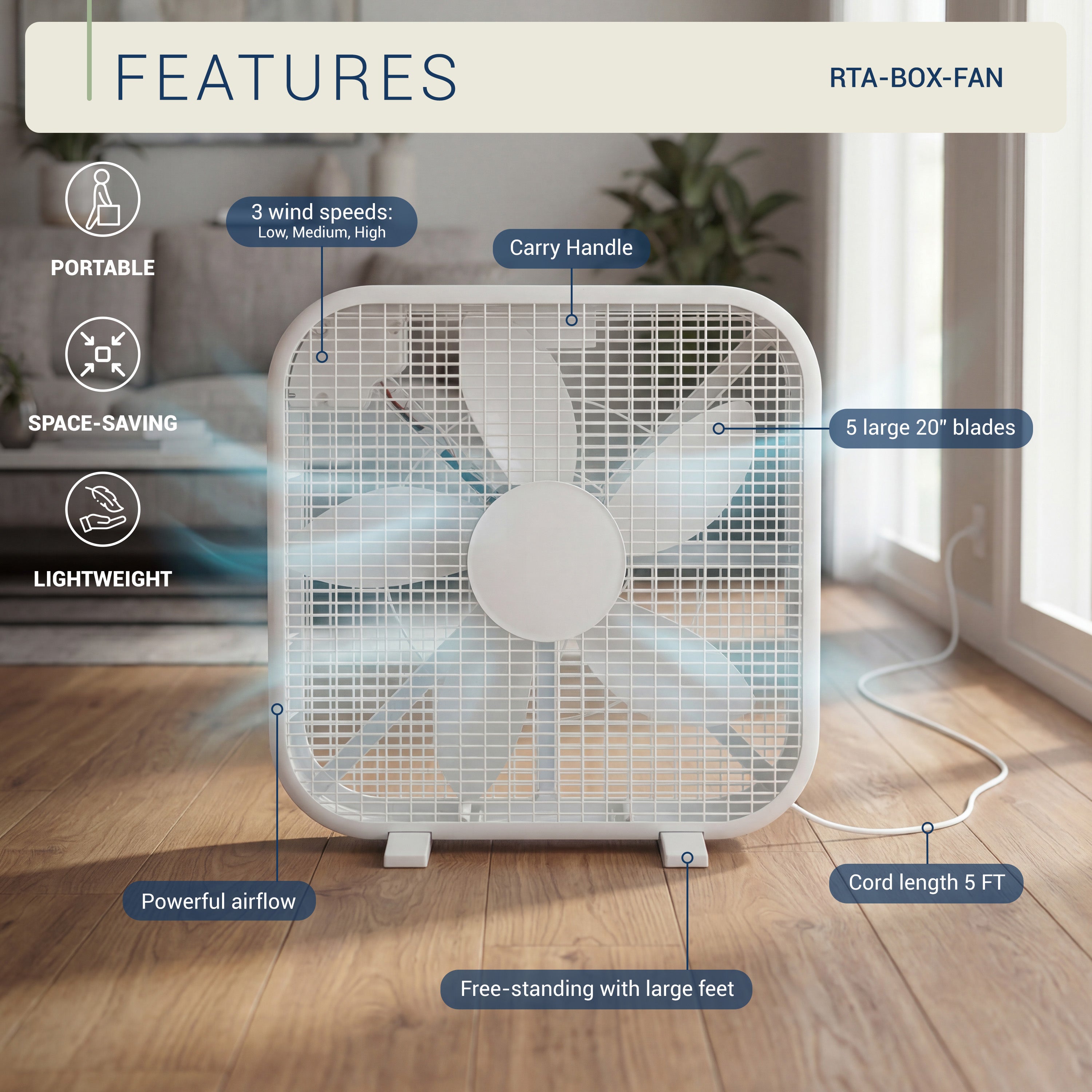 20 Inch Box Fan - 3-Speed Portable Cooling Fan with Carry Handle