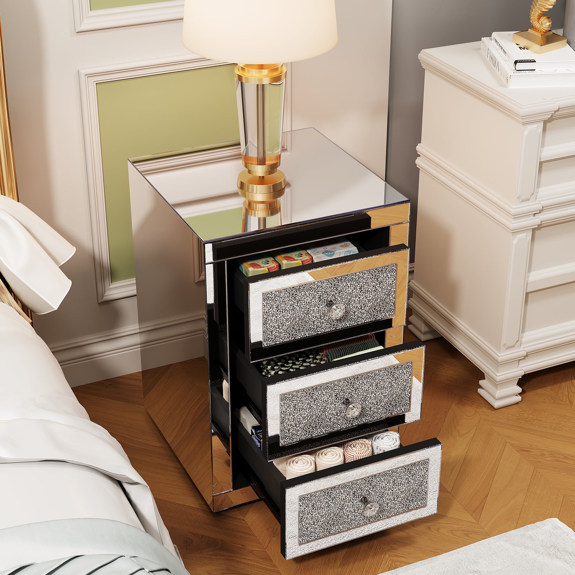 3-Drawer Mirrored Nightstand Bedside Table Glass Accent End Table