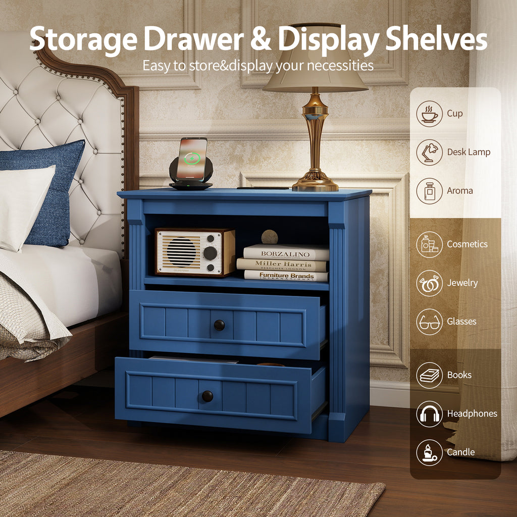 Dusty Nightstand with Charging Station, 2-Drawer, Aged Blue