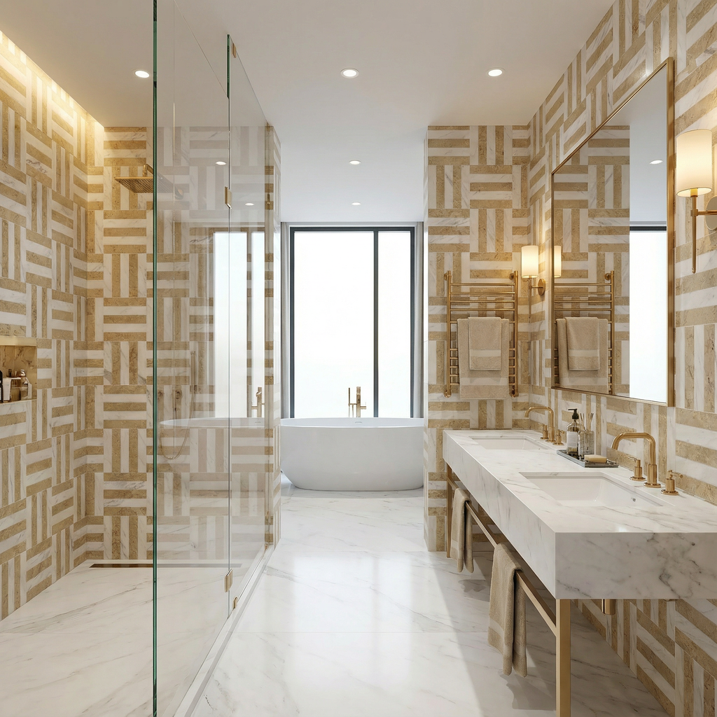 12x12 White Gold Waterjet Polished Marble Tiles Set