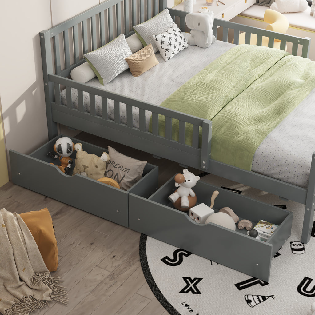 Twin Size Wood Platform Bed with Guardrails on Both Sides and Two Storage Drawers