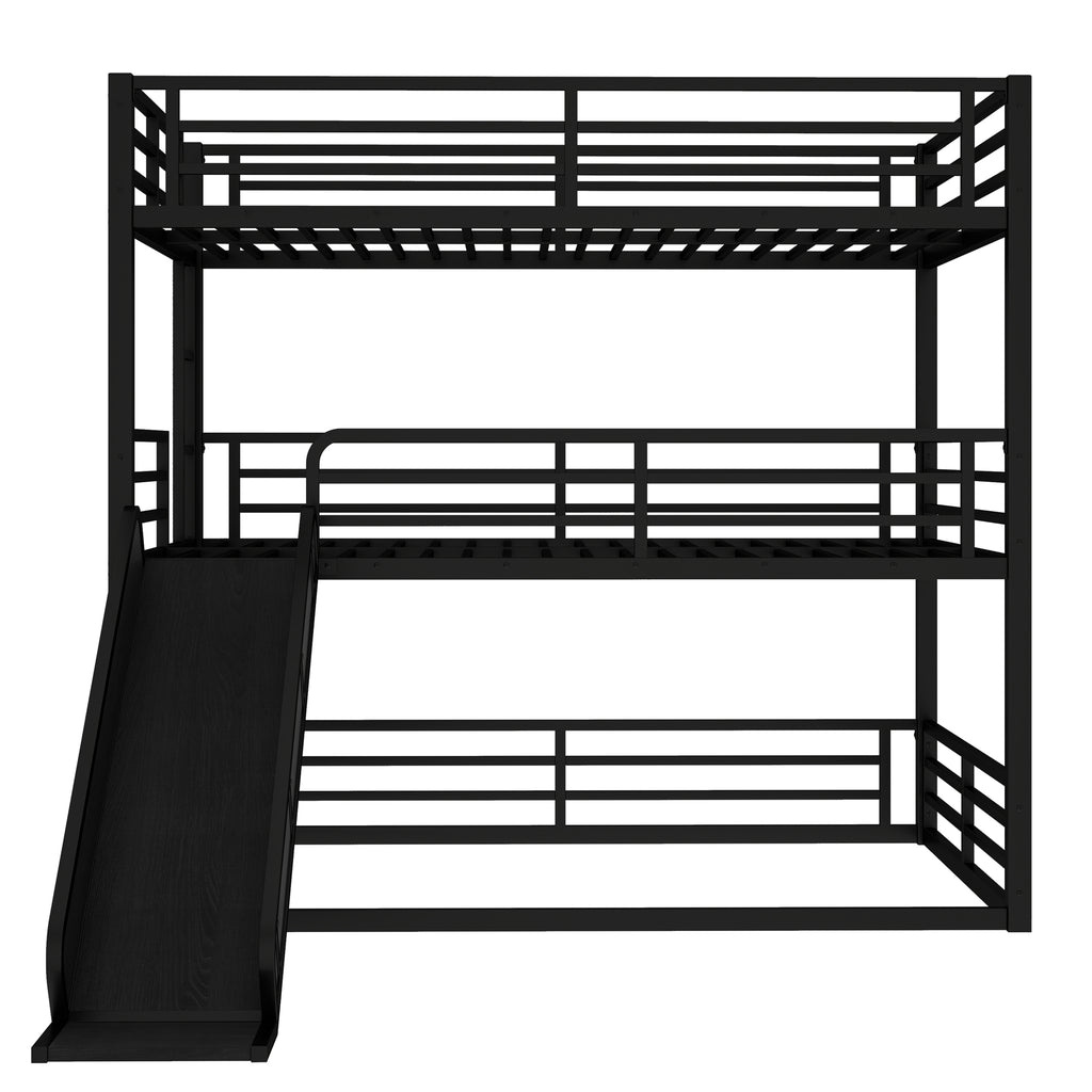 Queen Over Queen Over Queen Bunk Bed with Slide