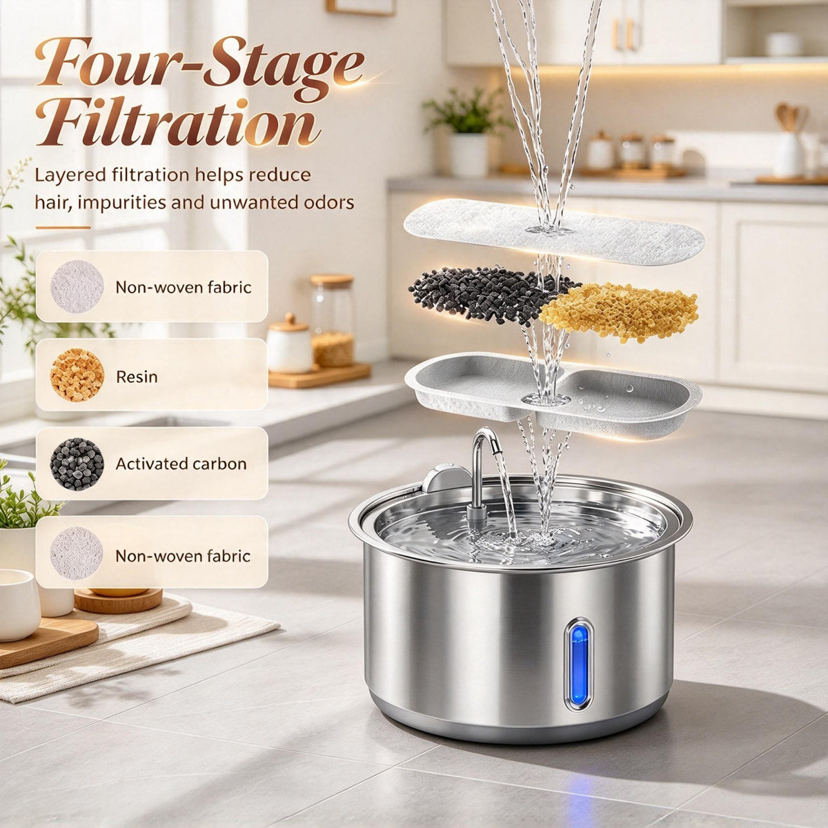 Large Capacity Stainless Steel Cat Water Fountain, 4-Stage Filtration, Silver