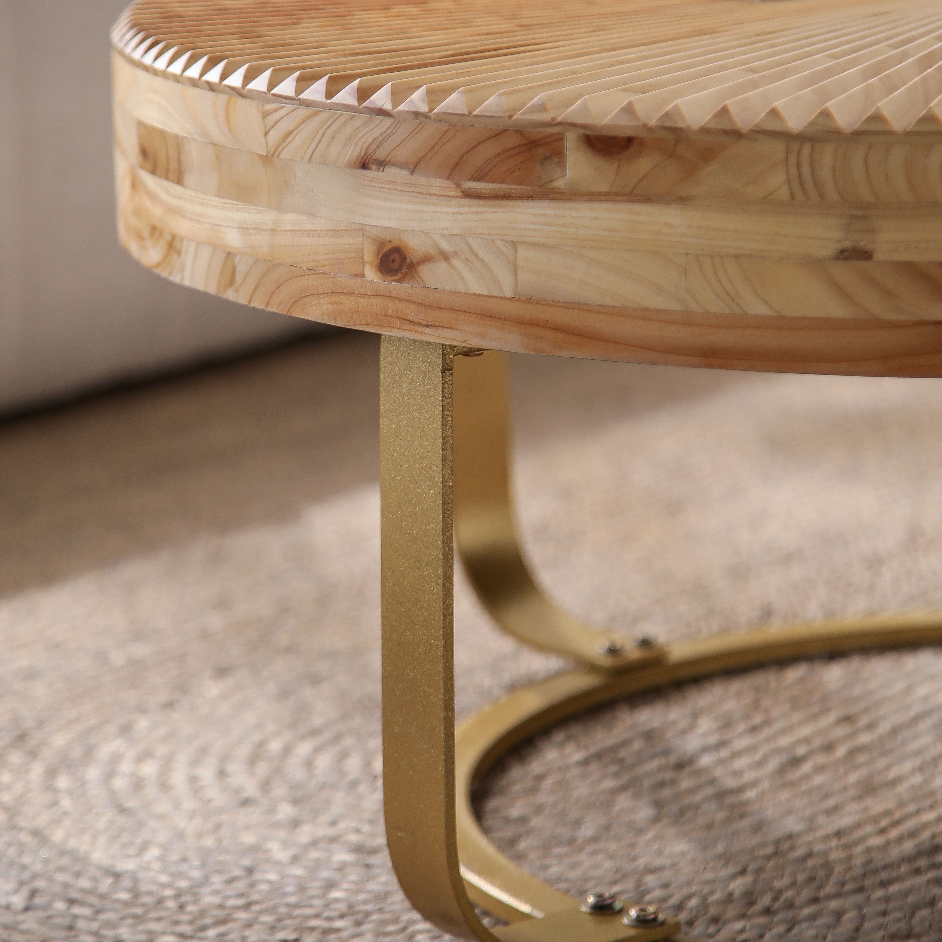 Modern Round Coffee Table with Wooden Carving Pattern