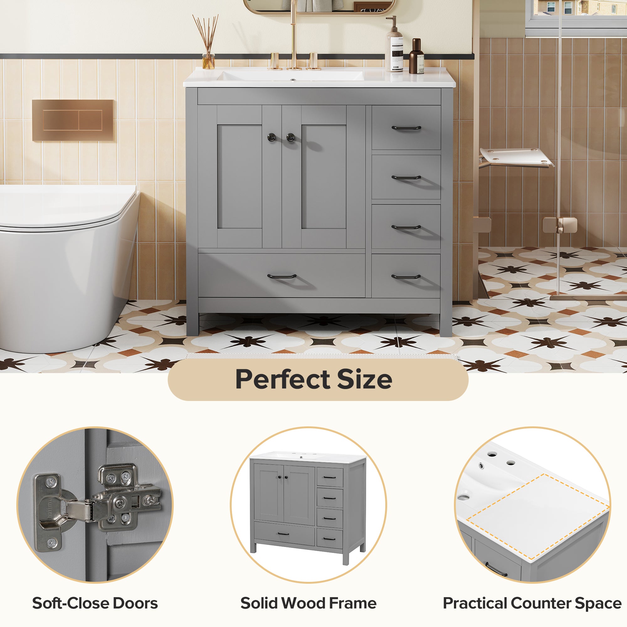 36" Gray Bathroom Vanity with Ceramic Sink