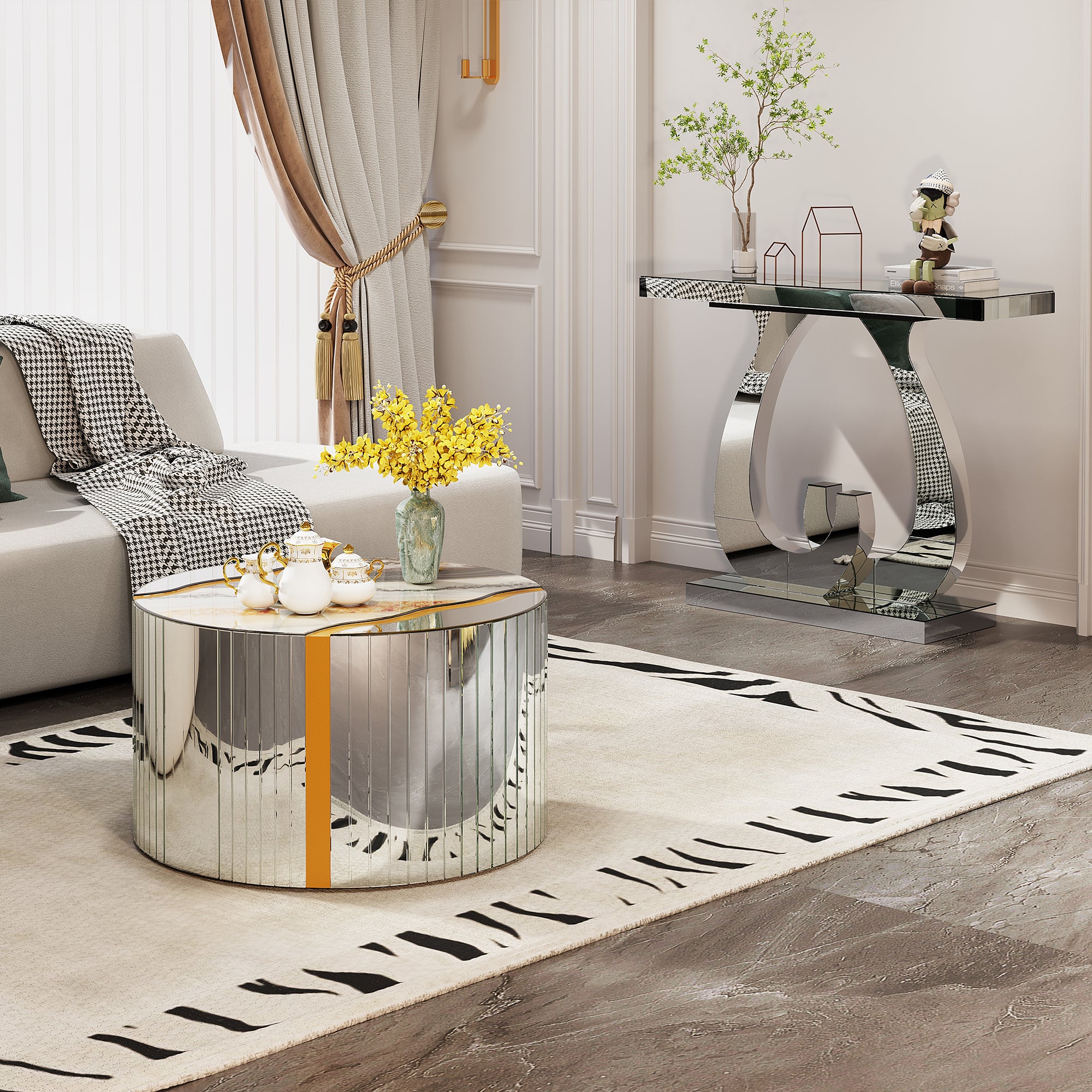 Modern Mirror Side Table - Silver