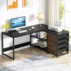 59 Inches L-Shaped Computer Desk with Drawers and Storage Shelves