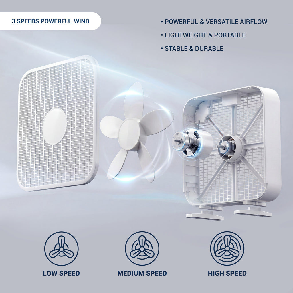 20 Inch Box Fan - 3-Speed Portable Cooling Fan with Carry Handle