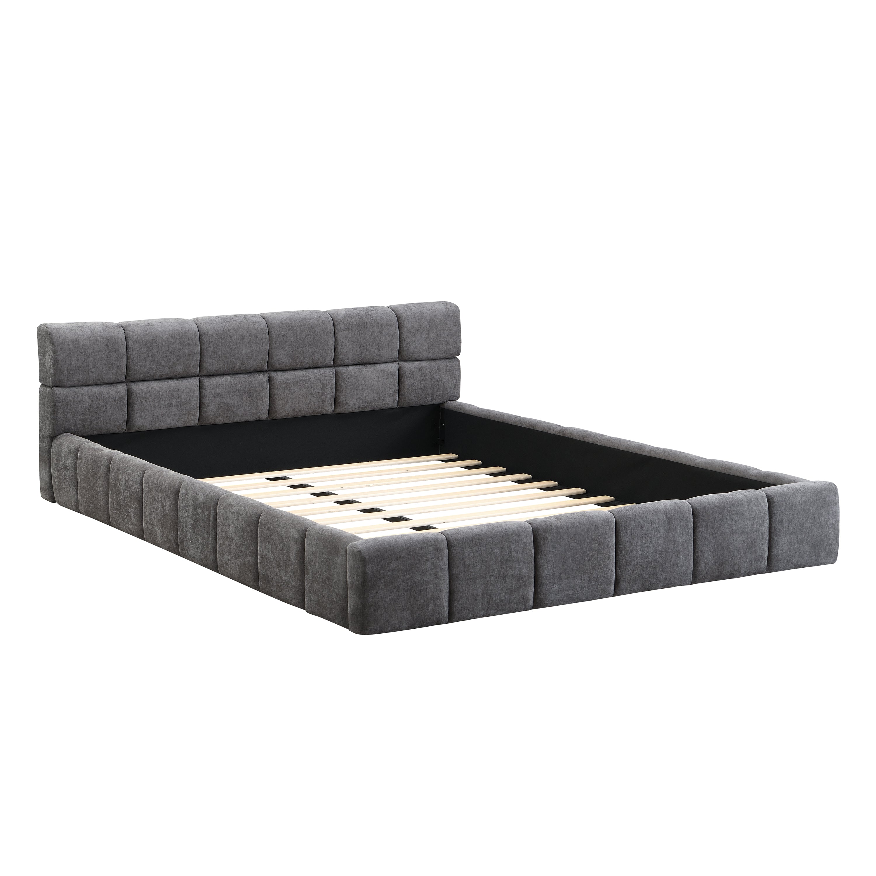 Elegant Chenille Upholstered Bed with Checkerboard Design, Queen