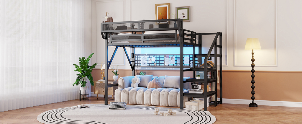 Queen Size Loft Bed with Stairs, Light, and Storage