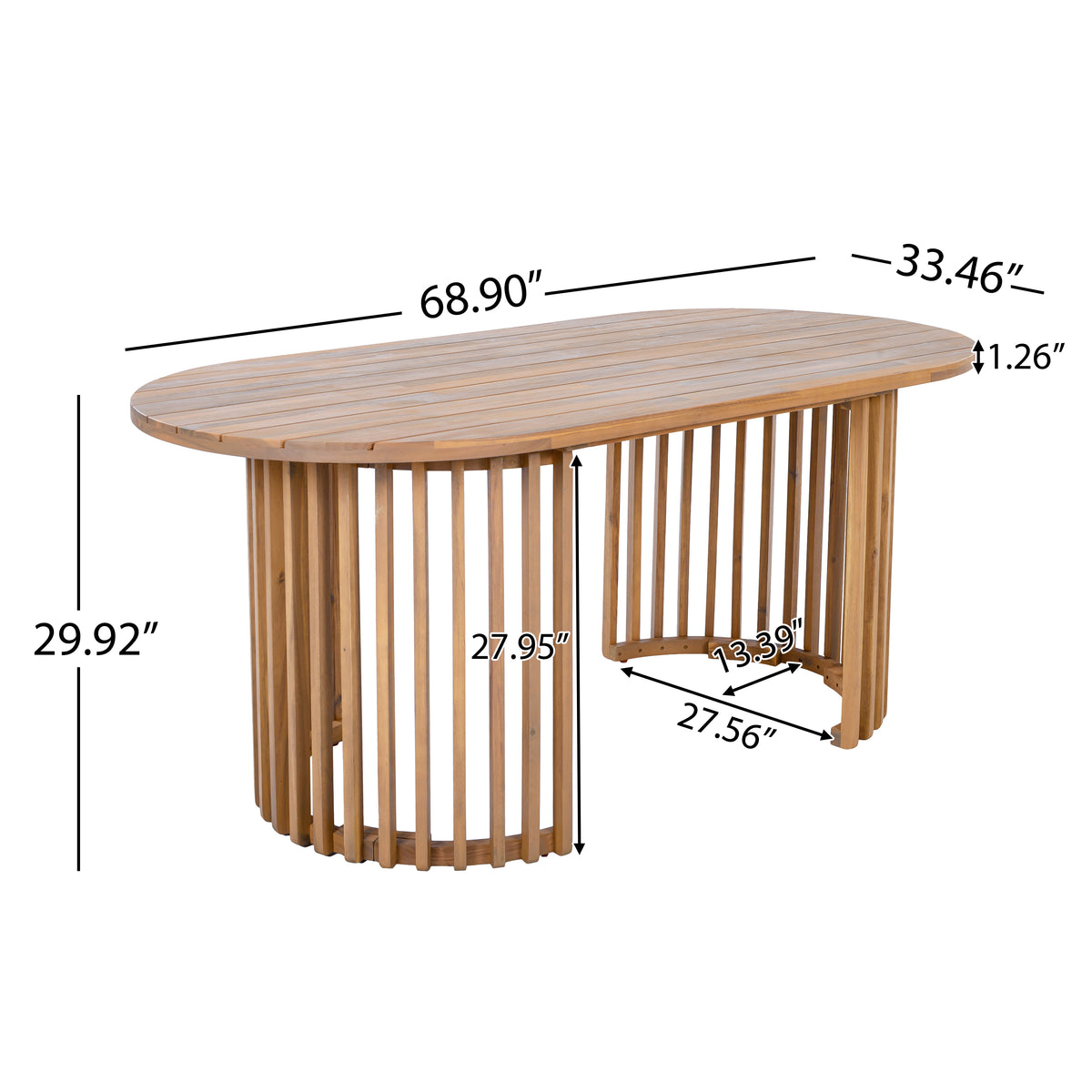 Light Teak Acacia Wood Oval Outdoor Dining Table, Vertical Slatted Legs