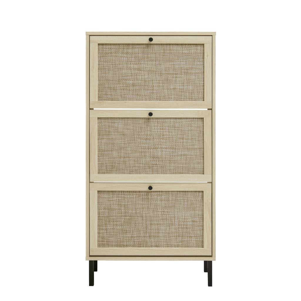 Rattan 3 Door Shoe Rack, Freestanding Modern Shoe Storage Cabinet
