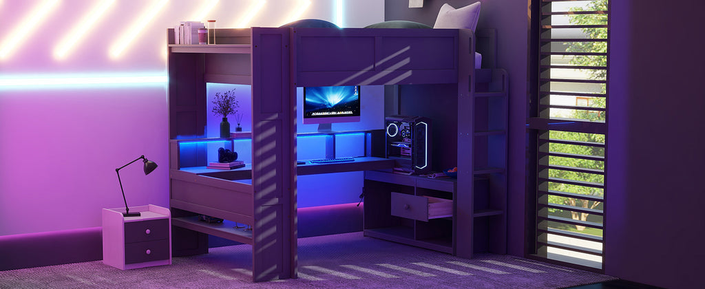 Wood Full Size Gaming Loft Bed with Desk, Storage Shelves, and LED Lighting